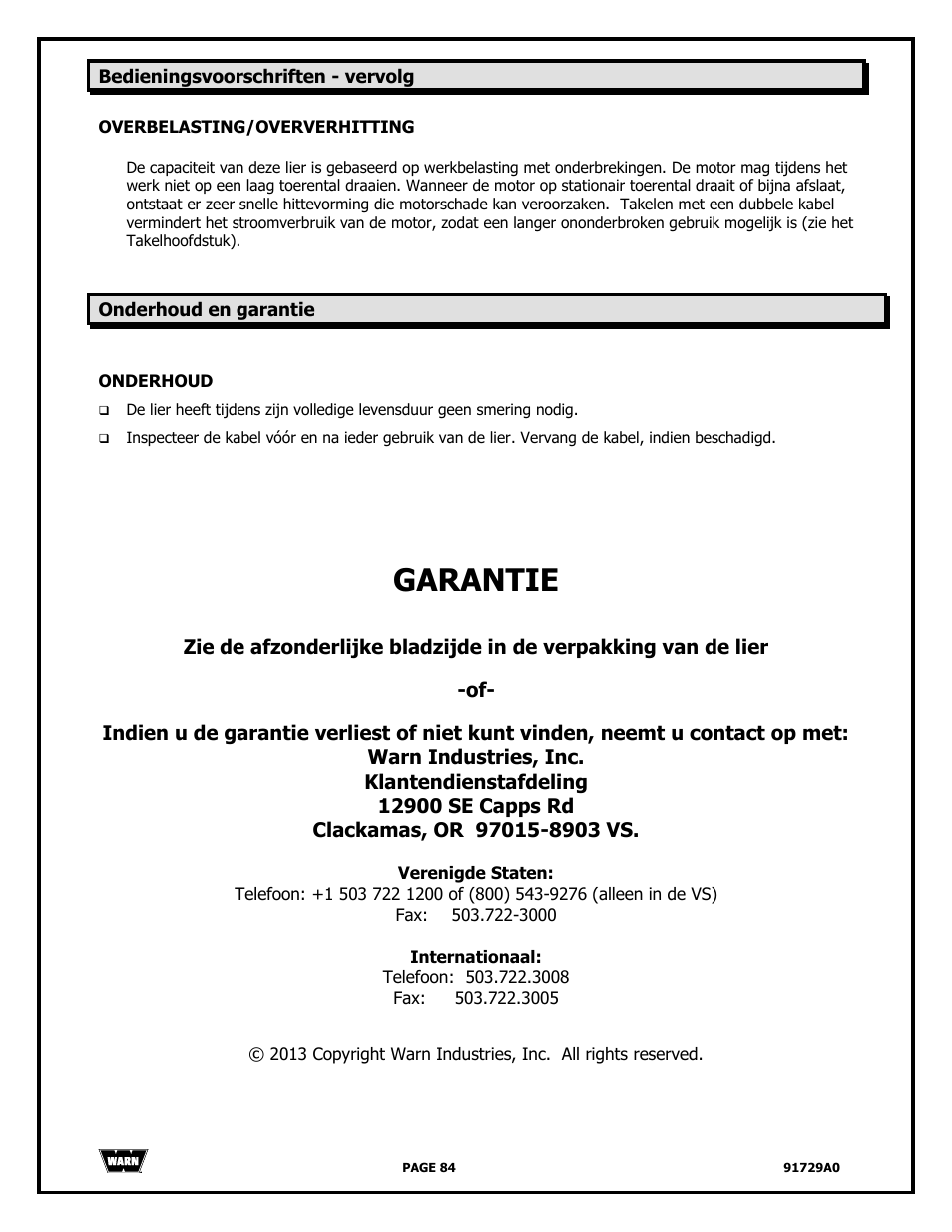 Garantie | WARN 4000 DC User Manual | Page 84 / 126