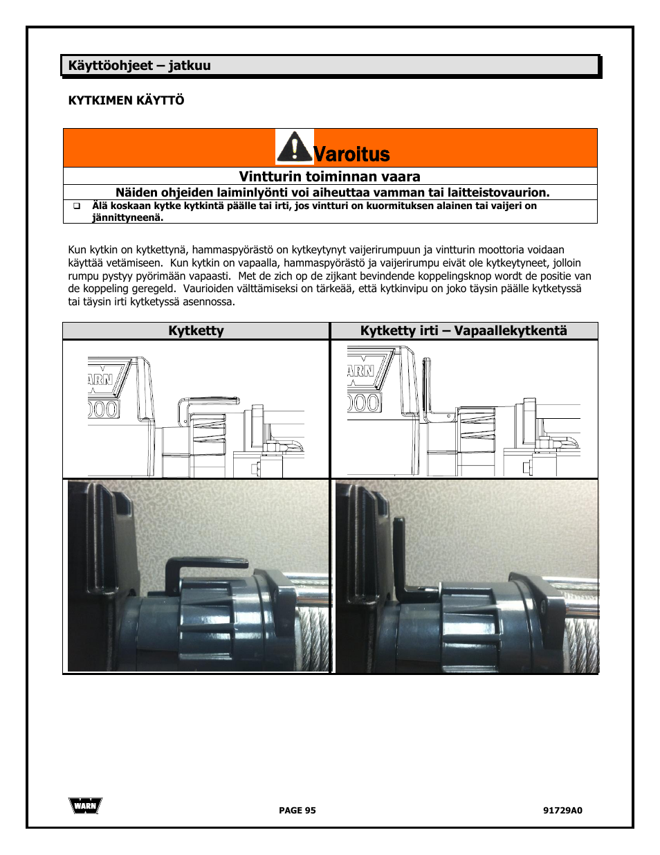 Varoitus, Vintturin toiminnan vaara | WARN 4000 DC User Manual | Page 95 / 126