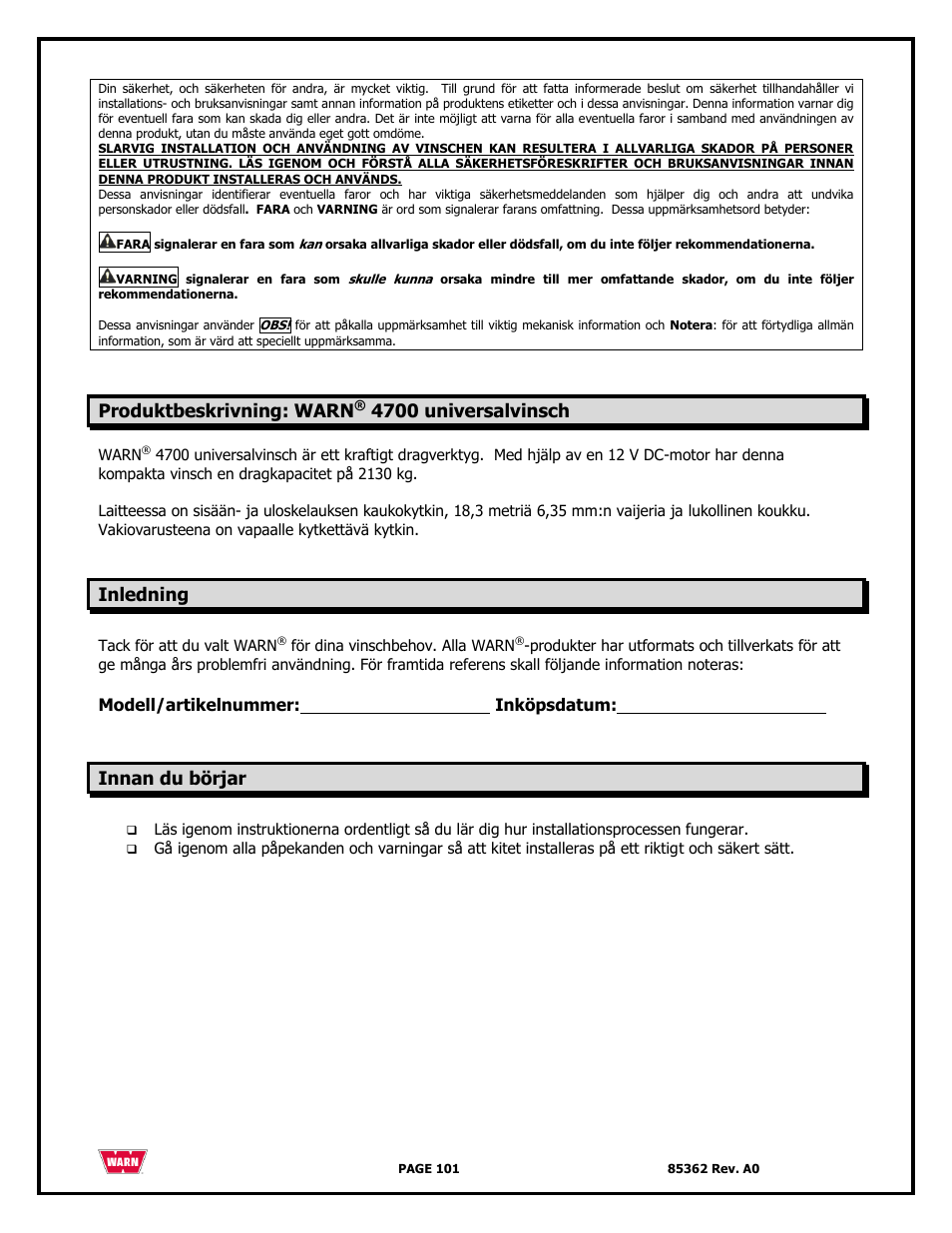 Produktbeskrivning: warn, 4700 universalvinsch, Inledning | Innan du börjar | WARN 4700 DC User Manual | Page 101 / 127