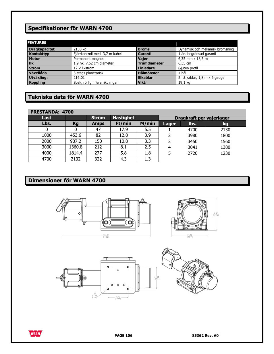 Specifikationer för warn 4700, Tekniska data för warn 4700, Dimensioner för warn 4700 | WARN 4700 DC User Manual | Page 106 / 127