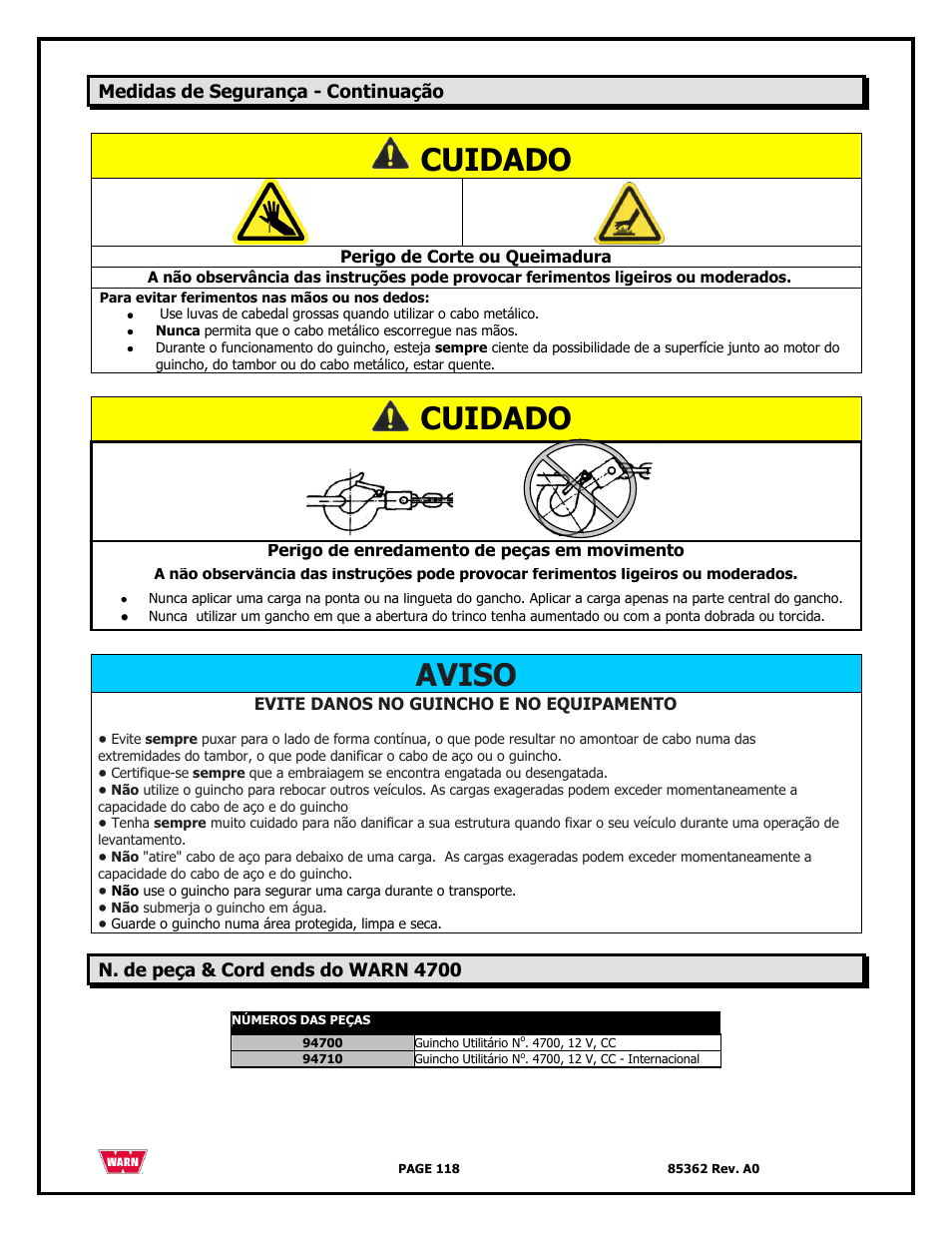 Cuidado, Aviso | WARN 4700 DC User Manual | Page 118 / 127