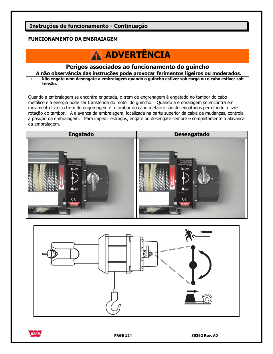 Advertência, Perigos associados ao funcionamento do guincho | WARN 4700 DC User Manual | Page 124 / 127