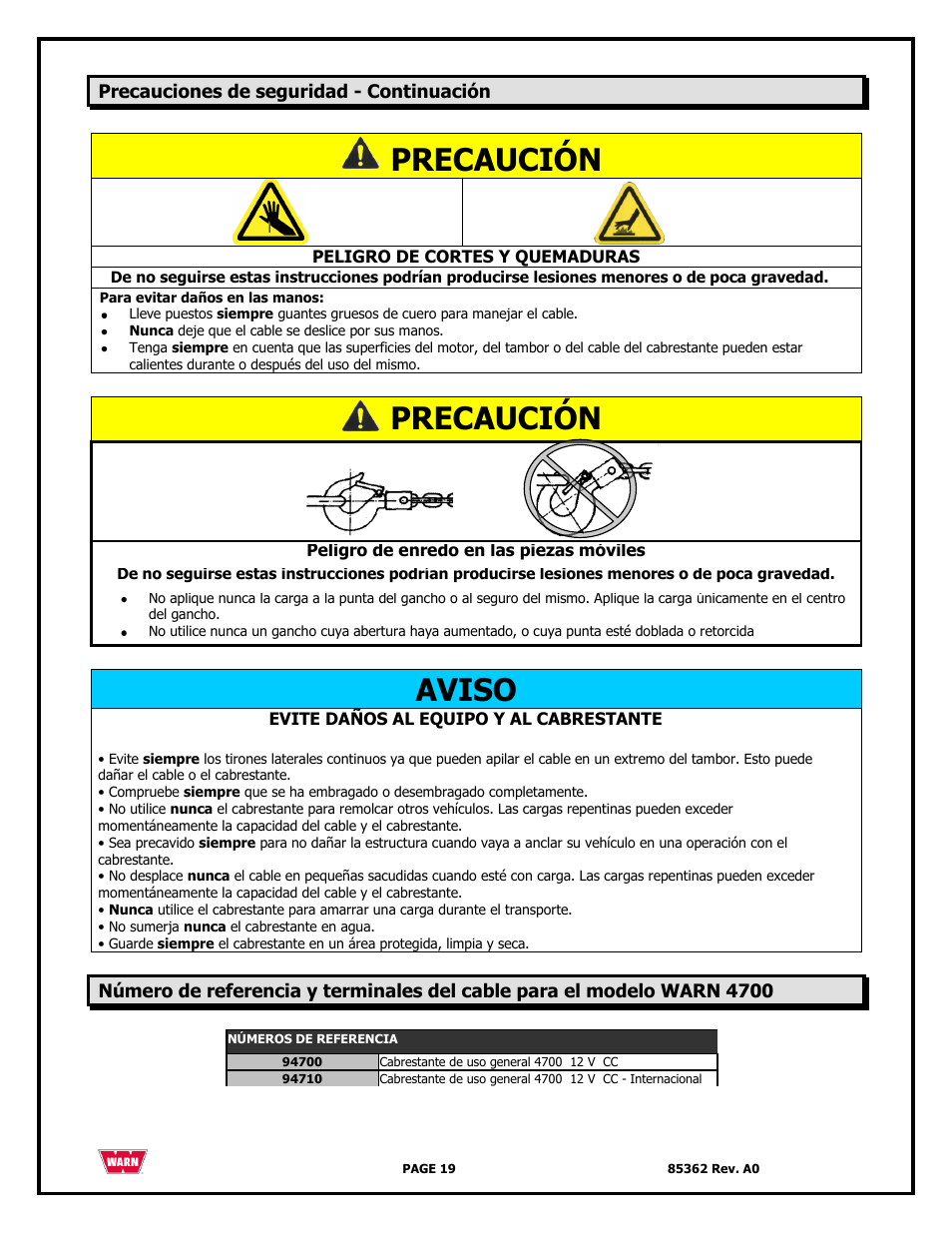 Precaución, Aviso | WARN 4700 DC User Manual | Page 19 / 127