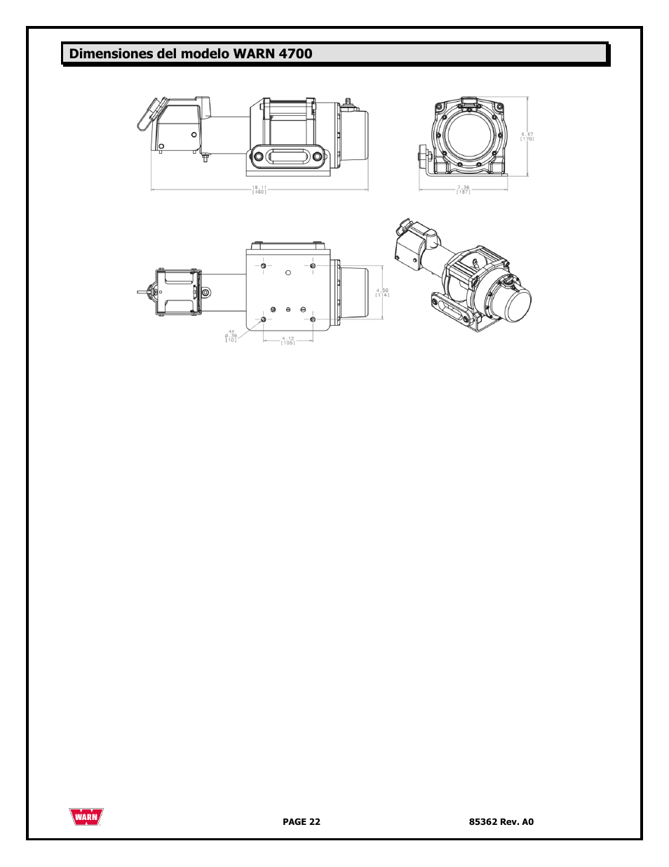 Dimensiones del modelo warn 4700 | WARN 4700 DC User Manual | Page 22 / 127