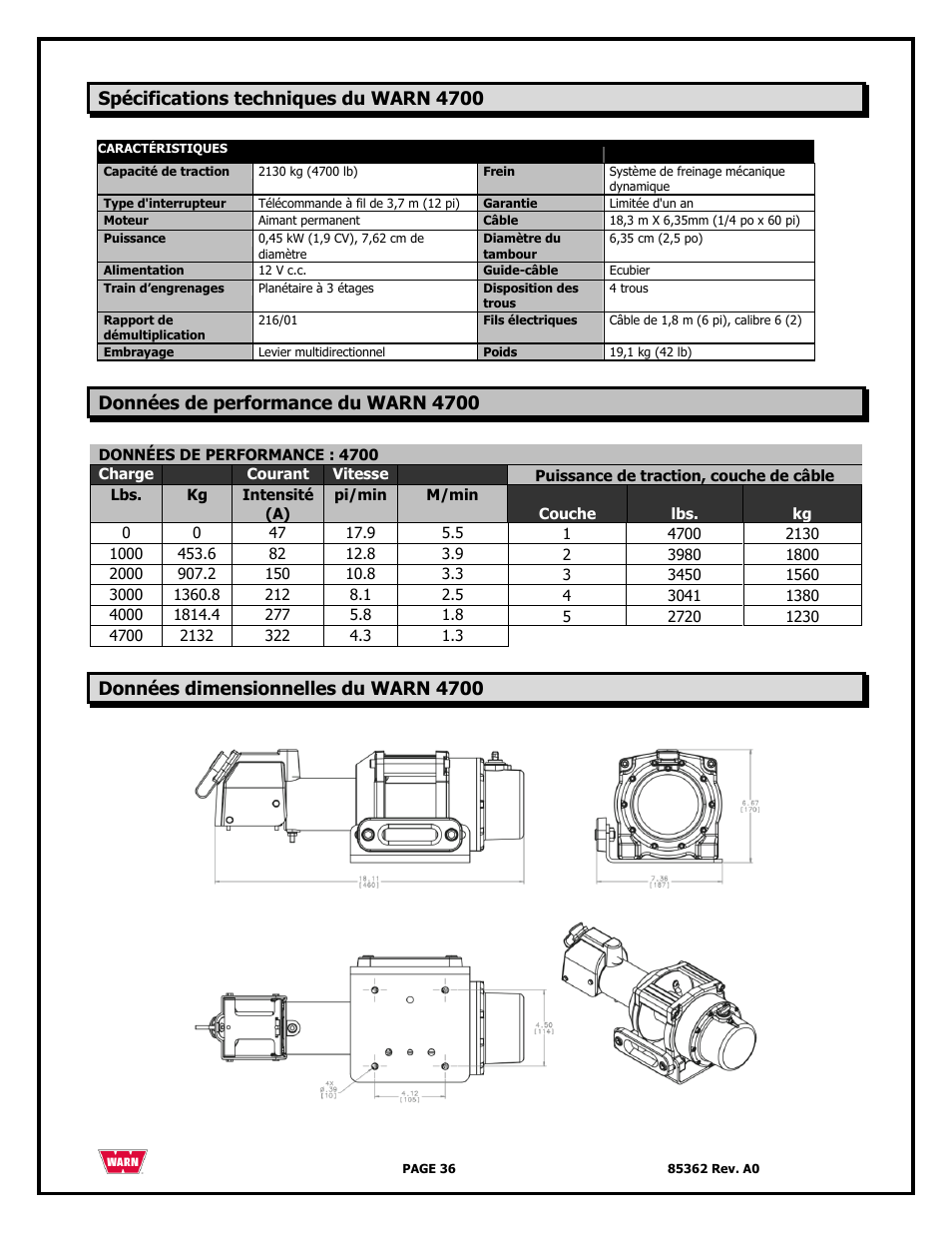 Spécifications techniques du warn 4700, Données de performance du warn 4700, Données dimensionnelles du warn 4700 | WARN 4700 DC User Manual | Page 36 / 127