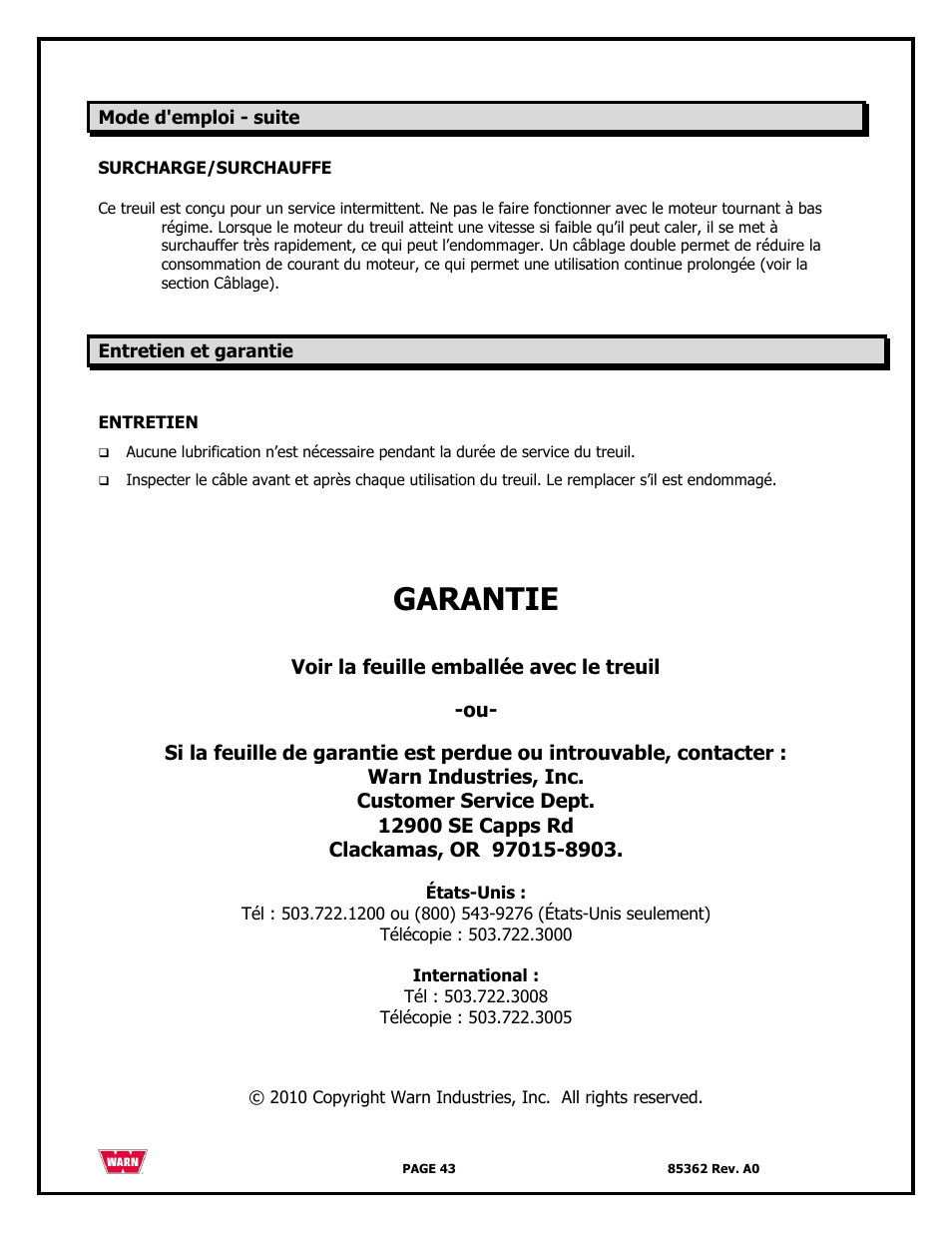 Garantie | WARN 4700 DC User Manual | Page 43 / 127