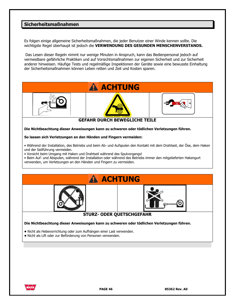 Achtung | WARN 4700 DC User Manual | Page 46 / 127