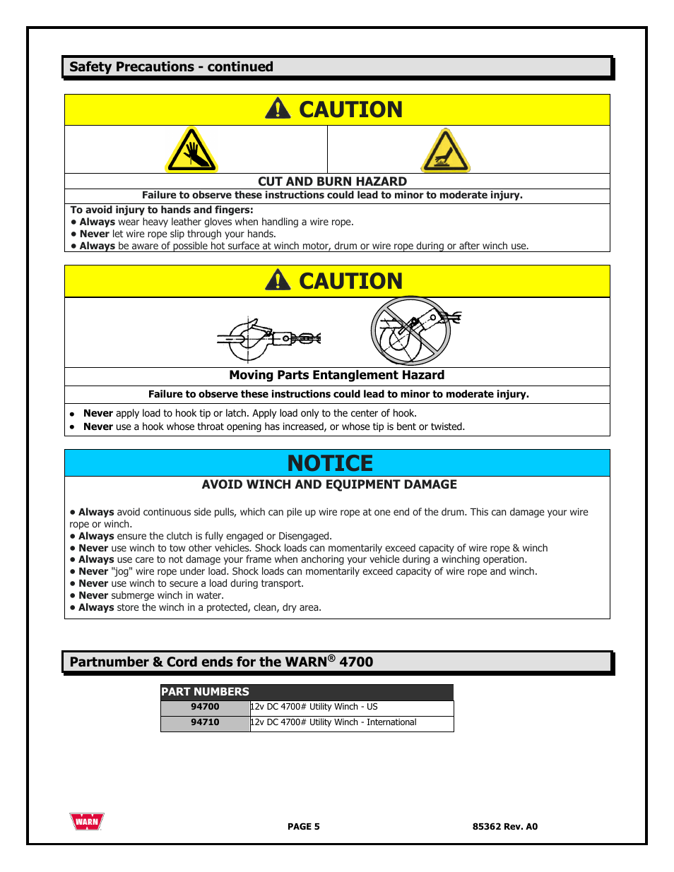 Caution, Notice | WARN 4700 DC User Manual | Page 5 / 127