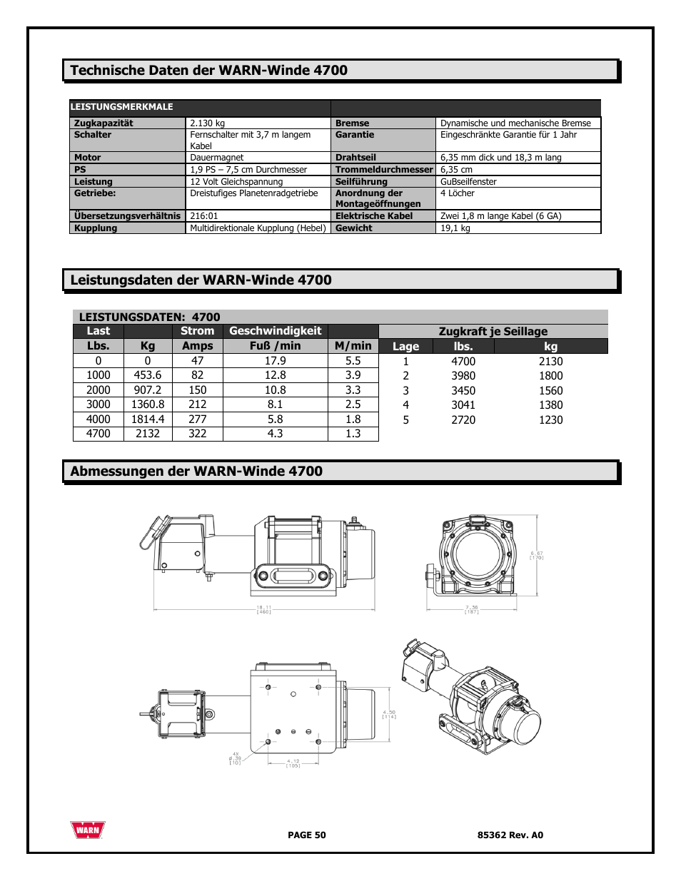 Technische daten der warn-winde 4700, Leistungsdaten der warn-winde 4700, Abmessungen der warn-winde 4700 | WARN 4700 DC User Manual | Page 50 / 127