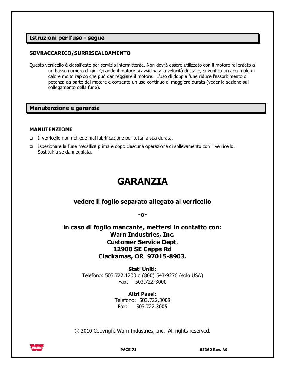 Garanzia | WARN 4700 DC User Manual | Page 71 / 127