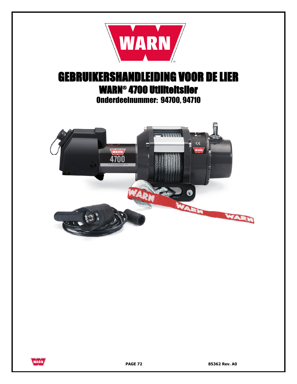 Gebruikershandleiding voor de lier, Warn, 4700 utiliteitslier | WARN 4700 DC User Manual | Page 72 / 127