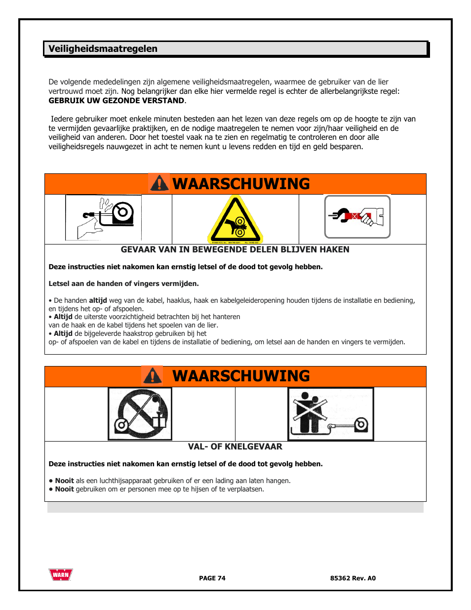 Waarschuwing | WARN 4700 DC User Manual | Page 74 / 127