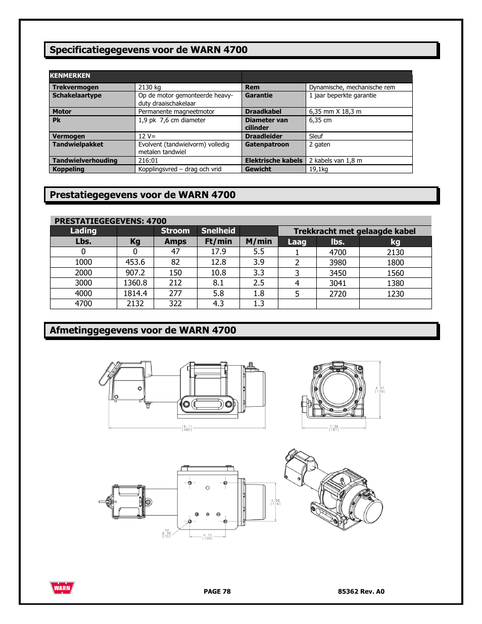 Specificatiegegevens voor de warn 4700, Prestatiegegevens voor de warn 4700, Afmetinggegevens voor de warn 4700 | WARN 4700 DC User Manual | Page 78 / 127