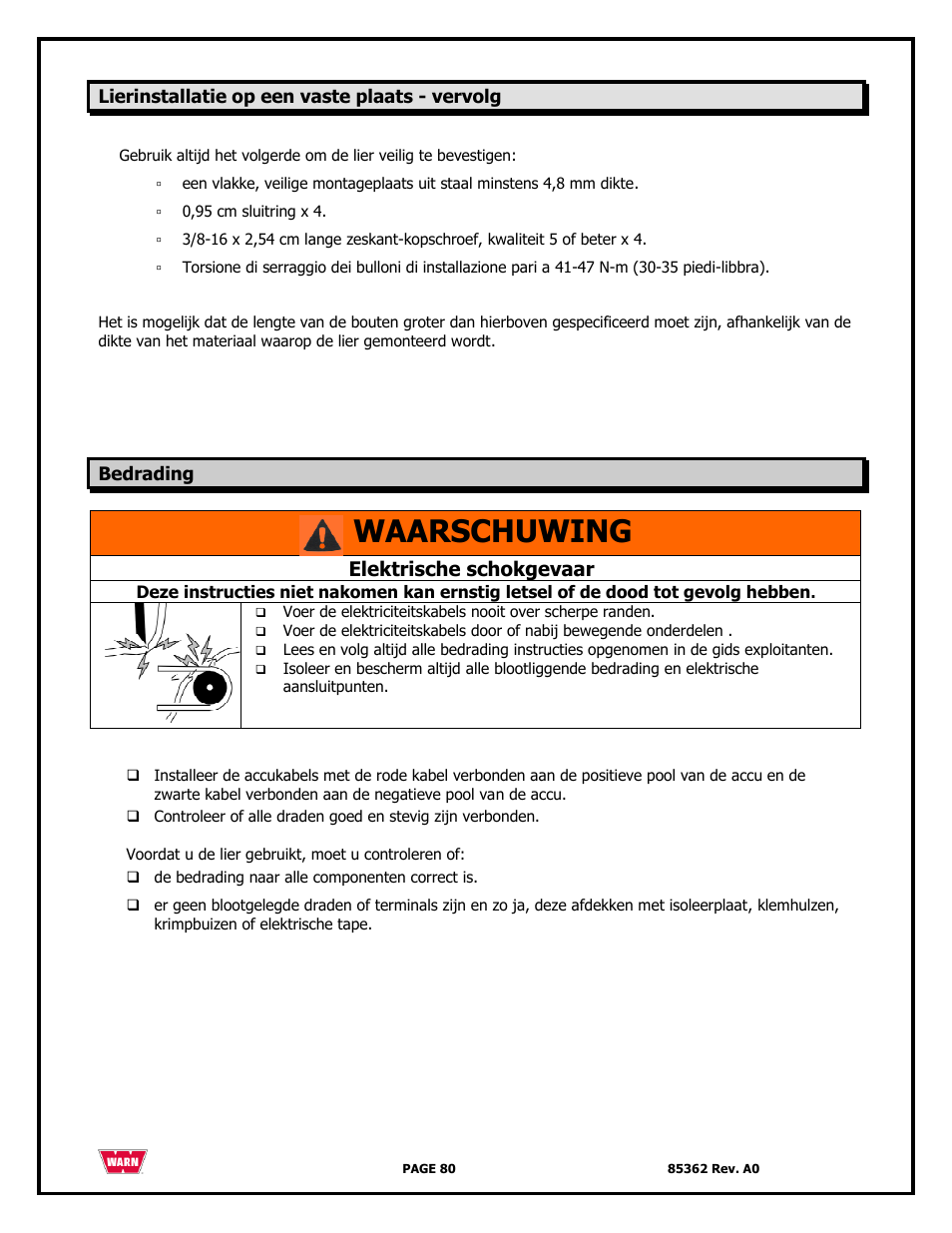 Waarschuwing, Elektrische schokgevaar | WARN 4700 DC User Manual | Page 80 / 127