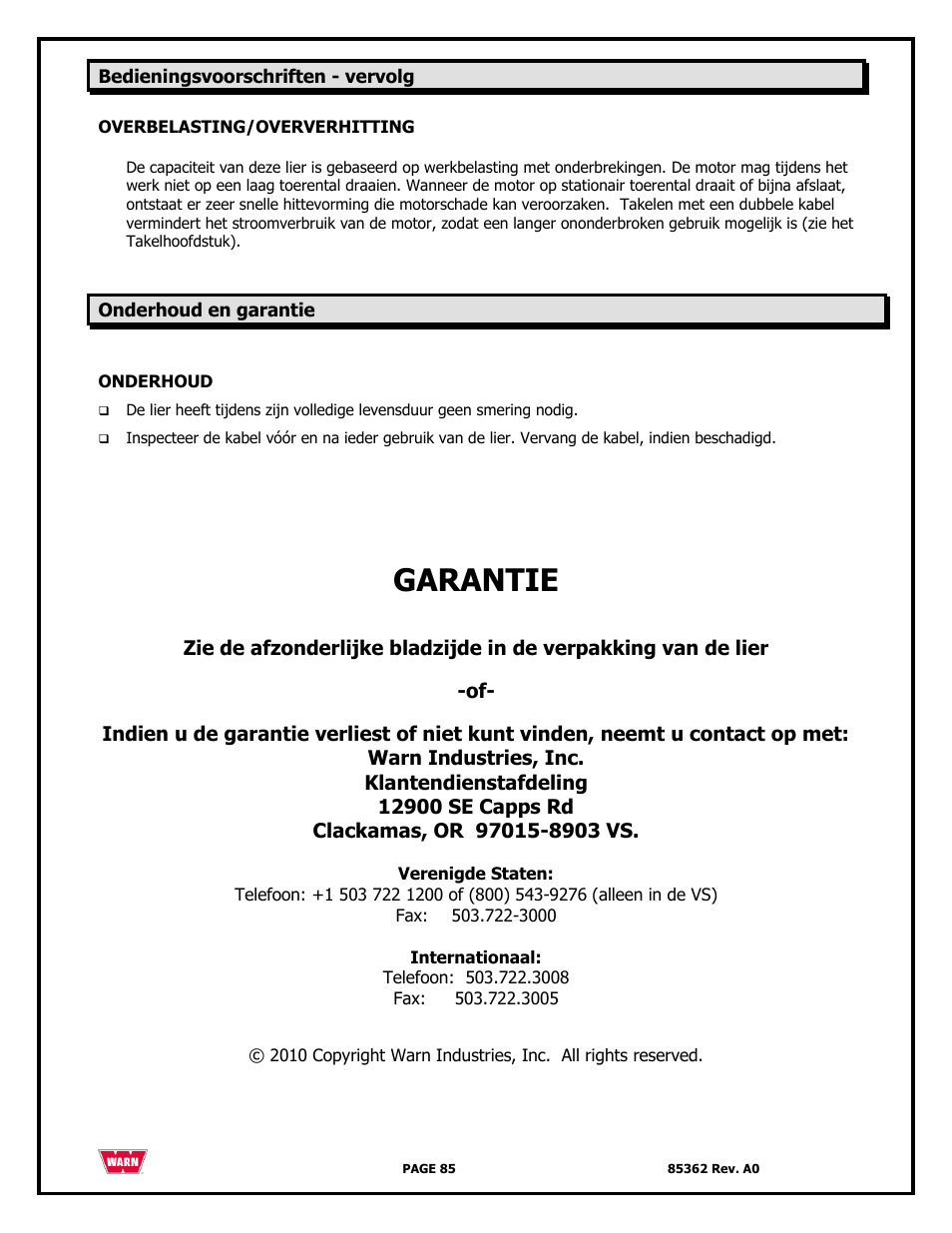 Garantie | WARN 4700 DC User Manual | Page 85 / 127