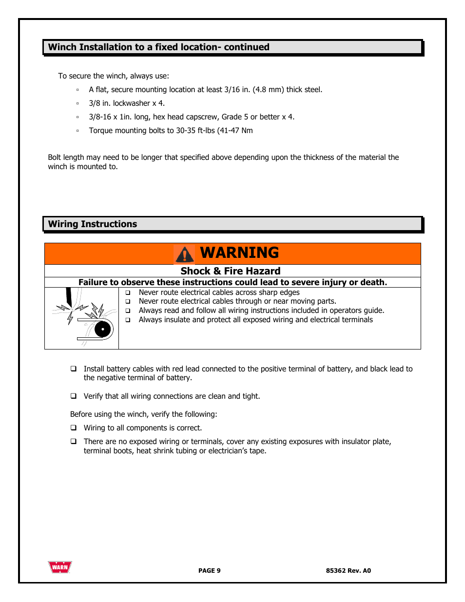 Warning, Shock & fire hazard, Winch installation to a fixed location- continued | Wiring instructions | WARN 4700 DC User Manual | Page 9 / 127