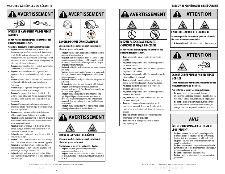 Avertissement, Avis attention, Attention | WARN Tabor 12K User Manual | Page 15 / 33