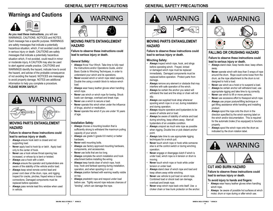 Warnings and cautions | WARN 9.5xp User Manual | Page 4 / 20