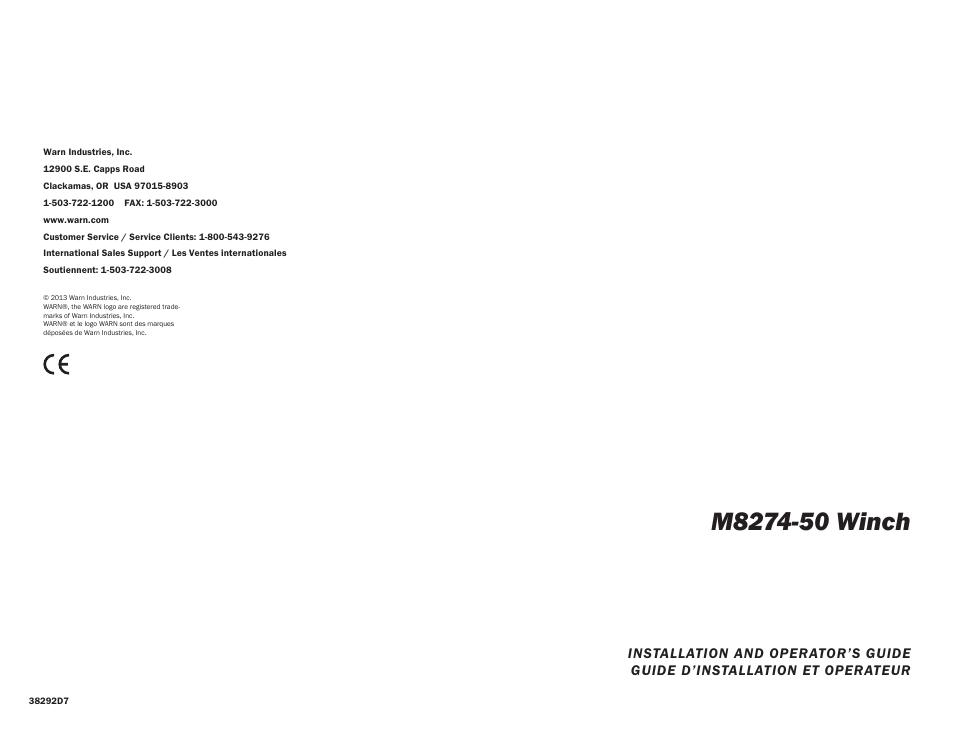 WARN M8274-50 User Manual | 20 pages