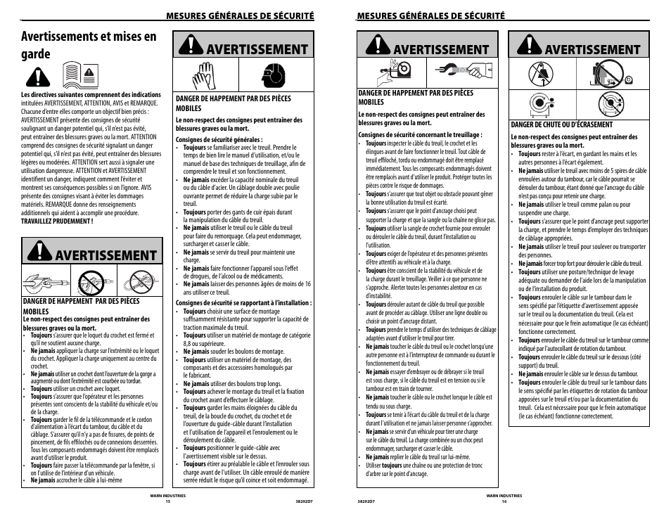 Avertissements et mises en garde, Avertissement | WARN M8274-50 User Manual | Page 10 / 20