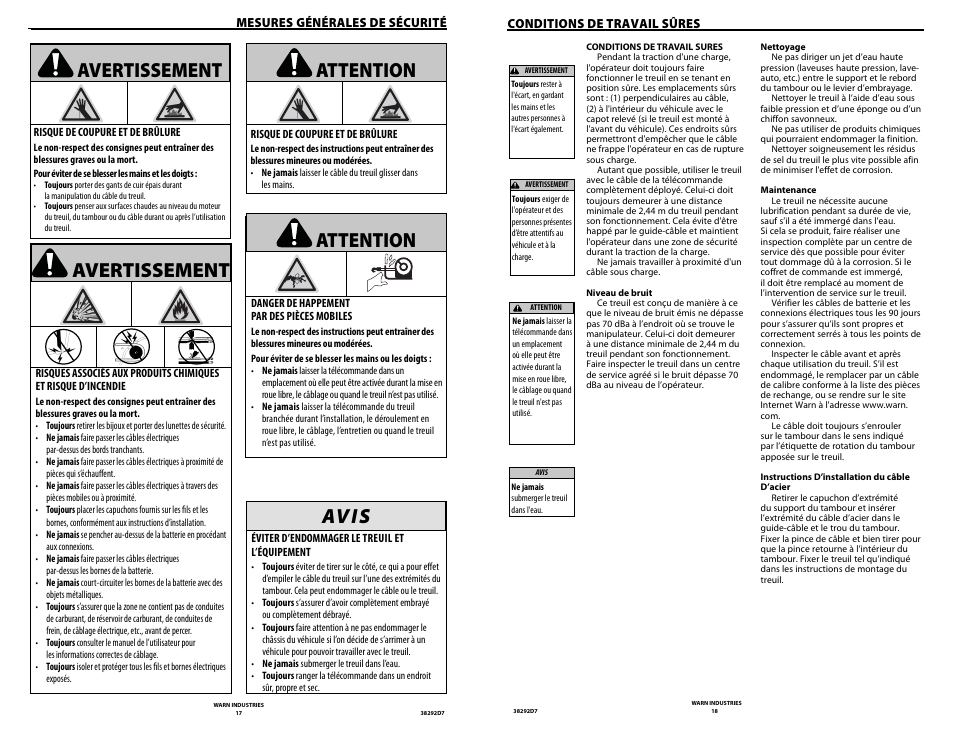 Av i s, Avertissement, Attention | WARN M8274-50 User Manual | Page 11 / 20