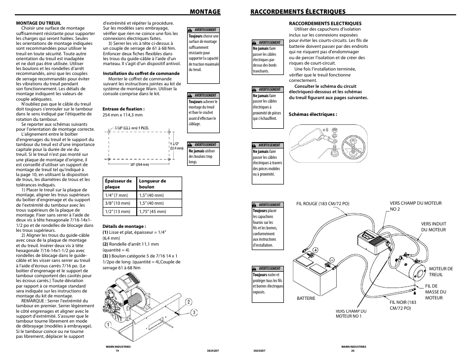 Montage, Raccordements électriques | WARN M8274-50 User Manual | Page 12 / 20