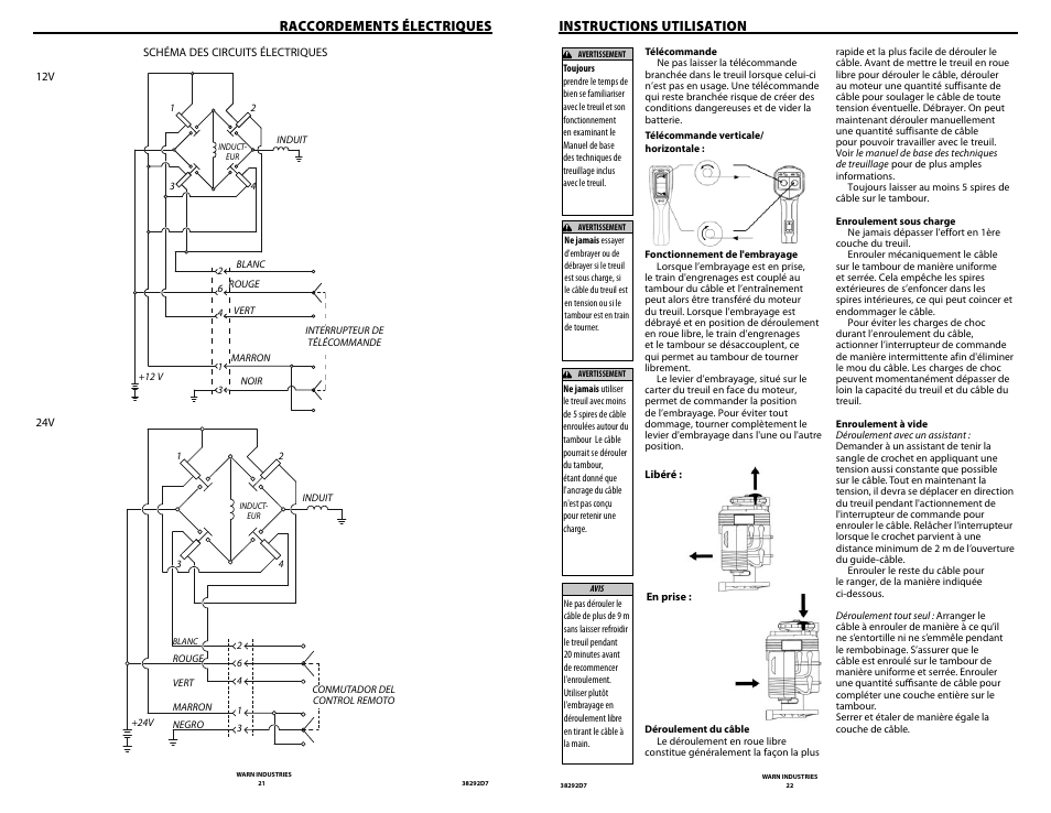 Raccordements électriques, Instructions utilisation | WARN M8274-50 User Manual | Page 13 / 20