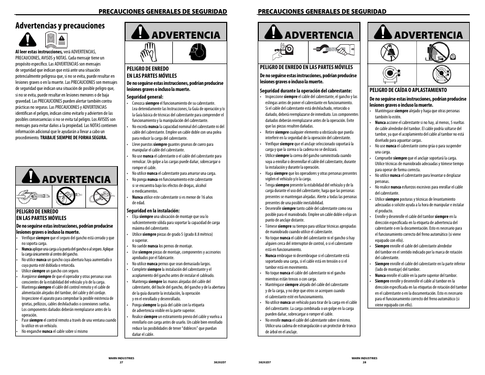 Advertencia, Advertencias y precauciones, Precauciones generales de seguridad | WARN M8274-50 User Manual | Page 16 / 20