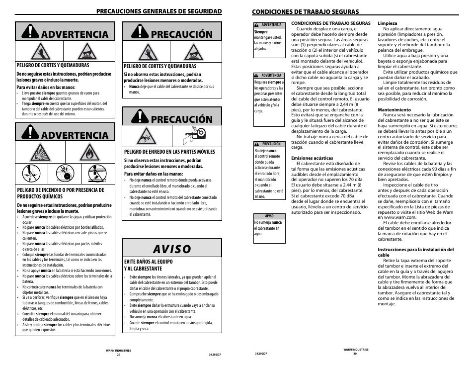 Av i s o, Precaución advertencia precaución, Advertencia | Precauciones generales de seguridad, Condiciones de trabajo seguras | WARN M8274-50 User Manual | Page 17 / 20