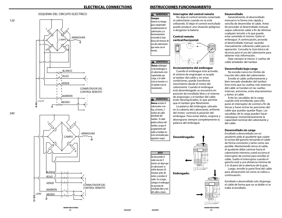 Electrical connections, Instrucciones funcionamiento | WARN M8274-50 User Manual | Page 19 / 20