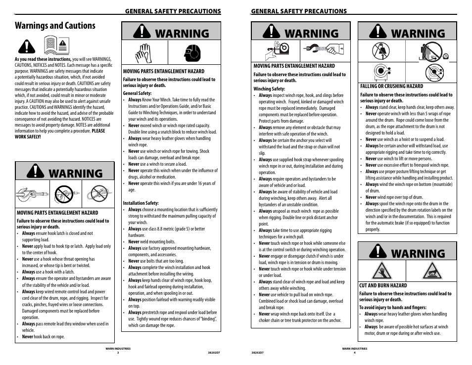 Warning, Warnings and cautions | WARN M8274-50 User Manual | Page 4 / 20