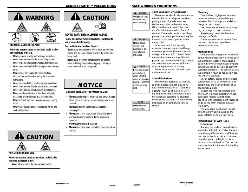 N ot i c e, Caution warning caution | WARN M8274-50 User Manual | Page 5 / 20