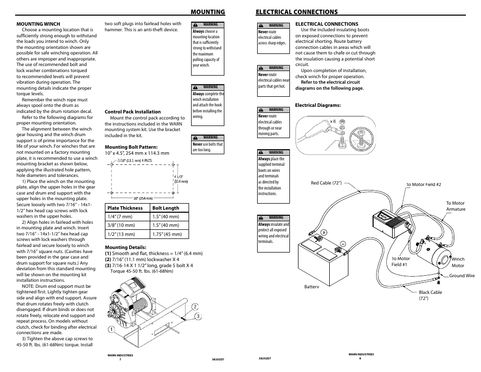 Mounting, Electrical connections | WARN M8274-50 User Manual | Page 6 / 20