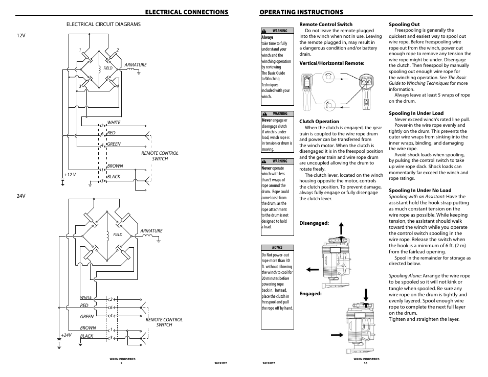 Electrical connections, Operating instructions | WARN M8274-50 User Manual | Page 7 / 20