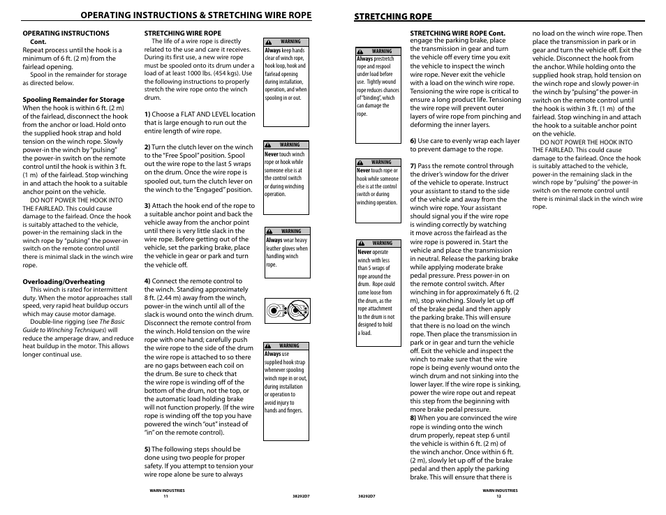 Operating instructions & stretching wire rope, Stretching rope | WARN M8274-50 User Manual | Page 8 / 20
