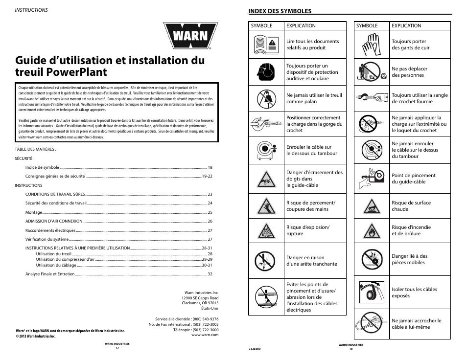 Index des symboles | WARN POWERPLANT 9.5 User Manual | Page 11 / 44