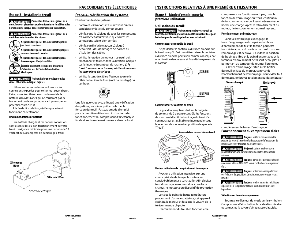 Raccordements électriques, Instructions relatives à une première utilisation | WARN POWERPLANT 9.5 User Manual | Page 16 / 44