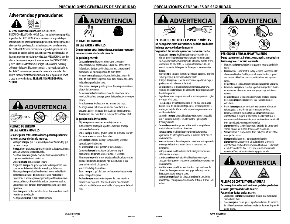 Advertencia, Advertencias y precauciones | WARN POWERPLANT 9.5 User Manual | Page 20 / 44