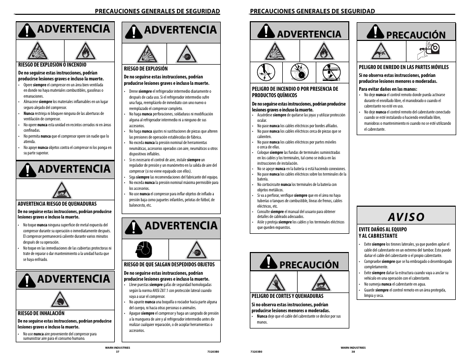 Av i s o, Adverten, Precaución advertencia precaución | WARN POWERPLANT 9.5 User Manual | Page 21 / 44