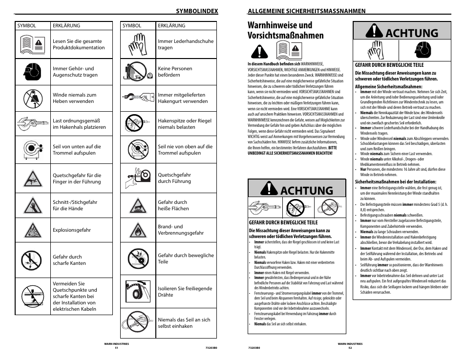 Achtung, Warnhinweise und vorsichtsmaßnahmen | WARN POWERPLANT 9.5 User Manual | Page 28 / 44