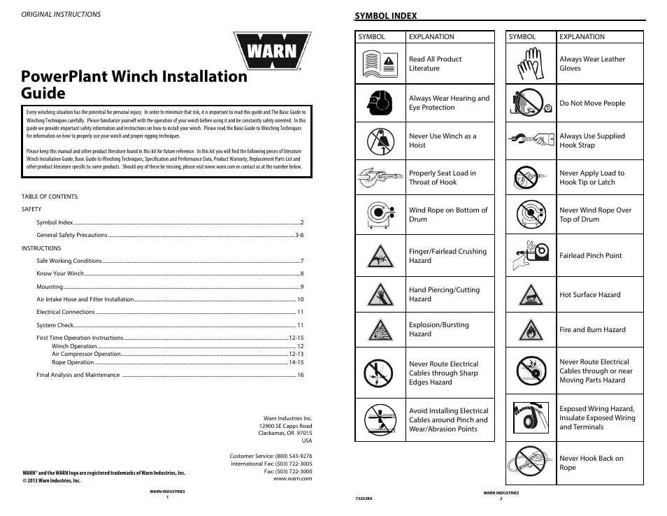 Powerplant winch installation guide, Symbol index | WARN POWERPLANT 9.5 User Manual | Page 3 / 44