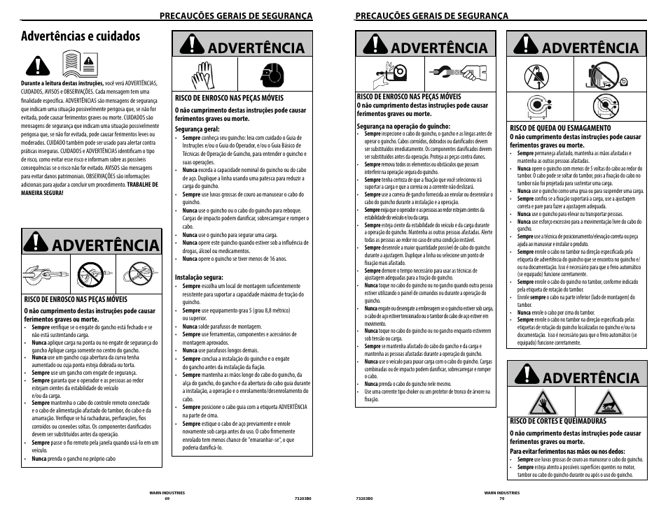 Advertência, Advertências e cuidados | WARN POWERPLANT 9.5 User Manual | Page 37 / 44