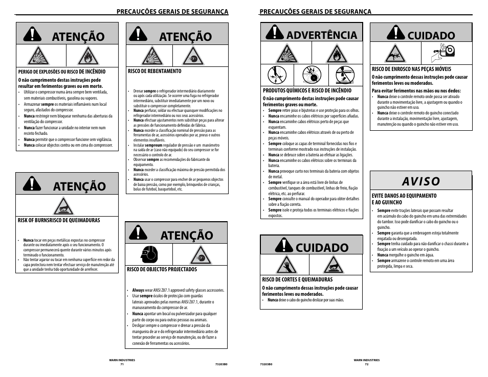 Atenção, Av i s o, Cuidado | Advertência | WARN POWERPLANT 9.5 User Manual | Page 38 / 44