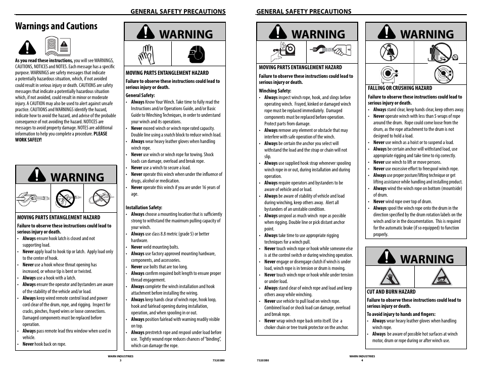 Warning, Warnings and cautions | WARN POWERPLANT 9.5 User Manual | Page 4 / 44