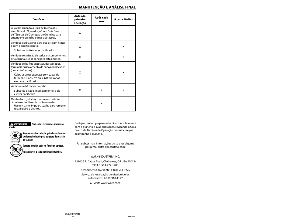 Manutenção e análise final | WARN POWERPLANT 9.5 User Manual | Page 44 / 44