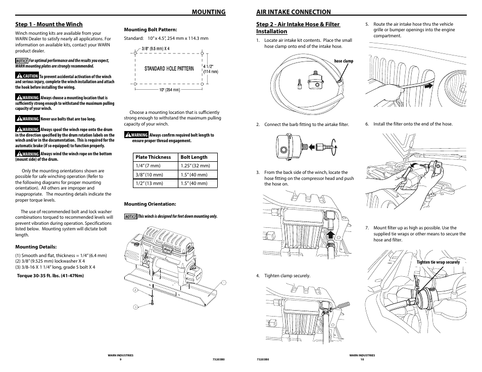 Mounting, Air intake connection | WARN POWERPLANT 9.5 User Manual | Page 7 / 44