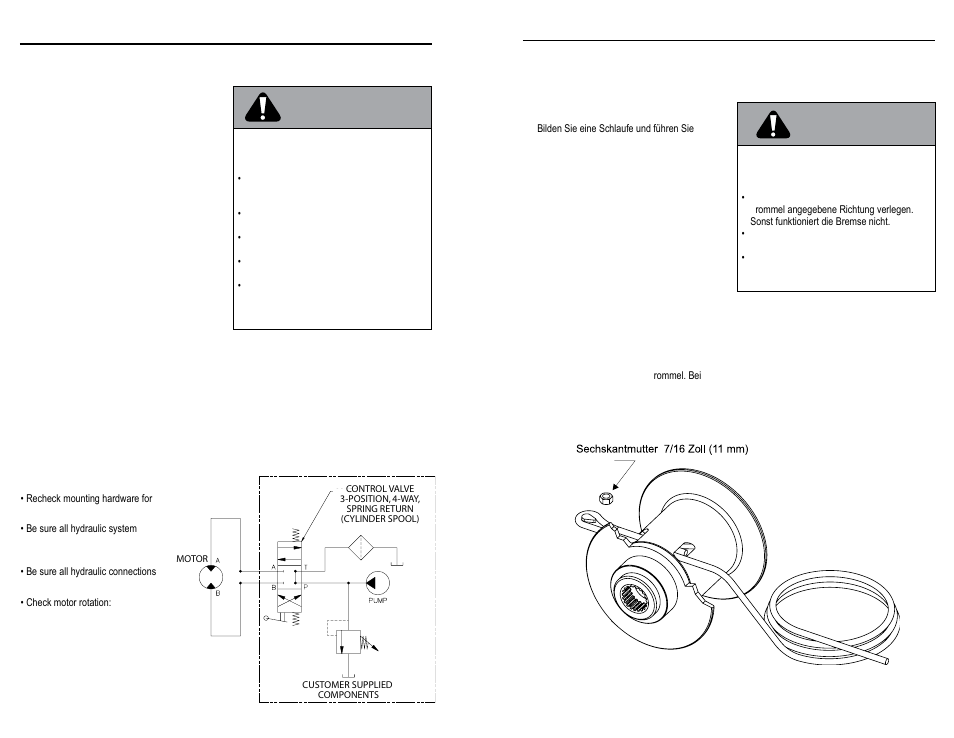 Warning, Vorsicht, Hydraulic hoists: general information | Installation final check, Installation des drahtseils | WARN HY3000 INDUSTRIAL HOIST User Manual | Page 12 / 82