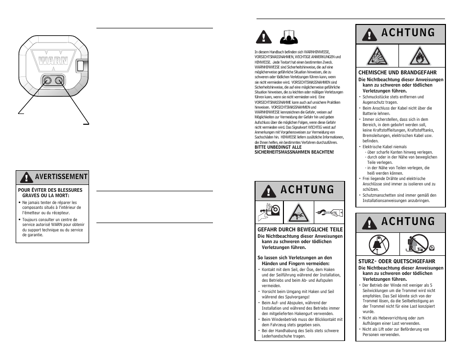 Avertissement | WARN WIRELESS CONTROL SYSTEM 90287 User Manual | Page 10 / 42