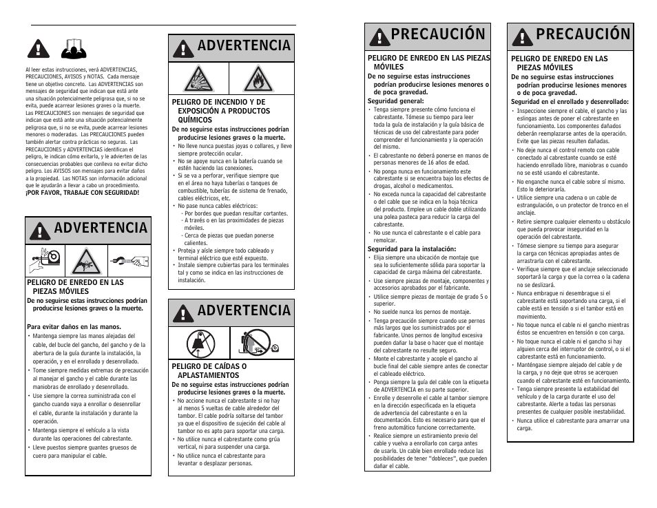 Precaución, Advertencia, Precauciones generales de seguridad | WARN WIRELESS CONTROL SYSTEM 90287 User Manual | Page 15 / 42
