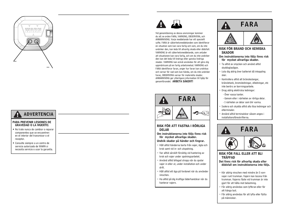 F a r a, Advertencia | WARN WIRELESS CONTROL SYSTEM 90287 User Manual | Page 19 / 42